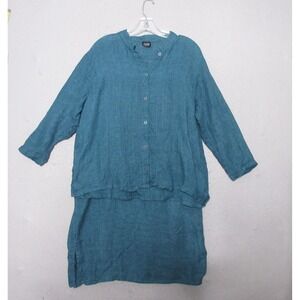 Vintage Eileen Fisher Top Skirt Set Teal Linen Gauze Lagenlook Faux Wrap Modest
